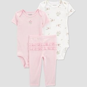 3pc Floral and Bunny Printed Onesies and Bottoms Set